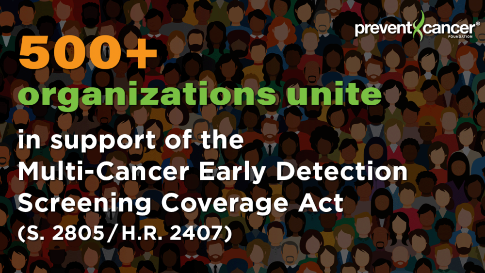 An illustrated banner that has a large crowd of people all several races and ethnicities shown from the head up. There is a dark screen overlay with text over it that reads, "500+ organizations unite in support of the Multi-Cancer Early Detection Screening Coverage Act."