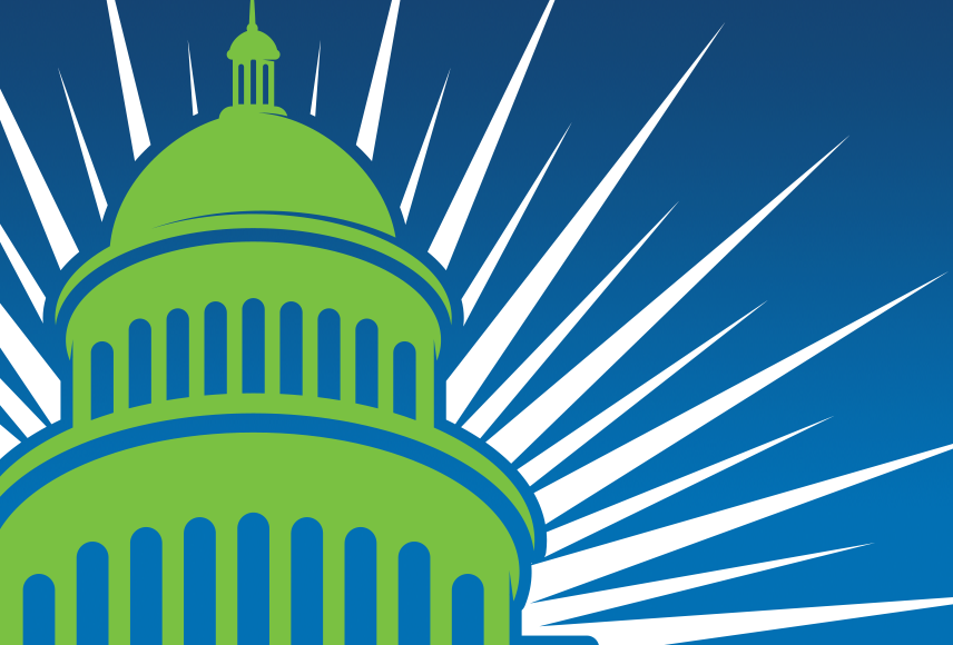 An illustration of a green U.S. Capitol building on a navy blue background.