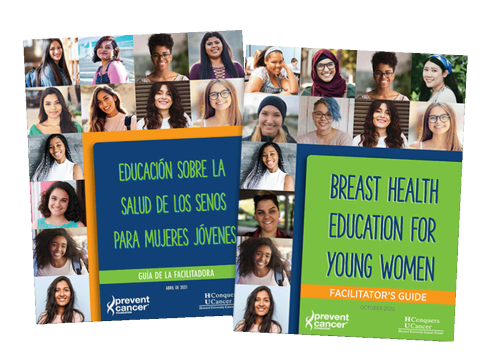 Image of the English and Spanish Breast Health Guide Covers. Each cover is colorful with bright green and blue text and features a grid of portraits of diverse young women.