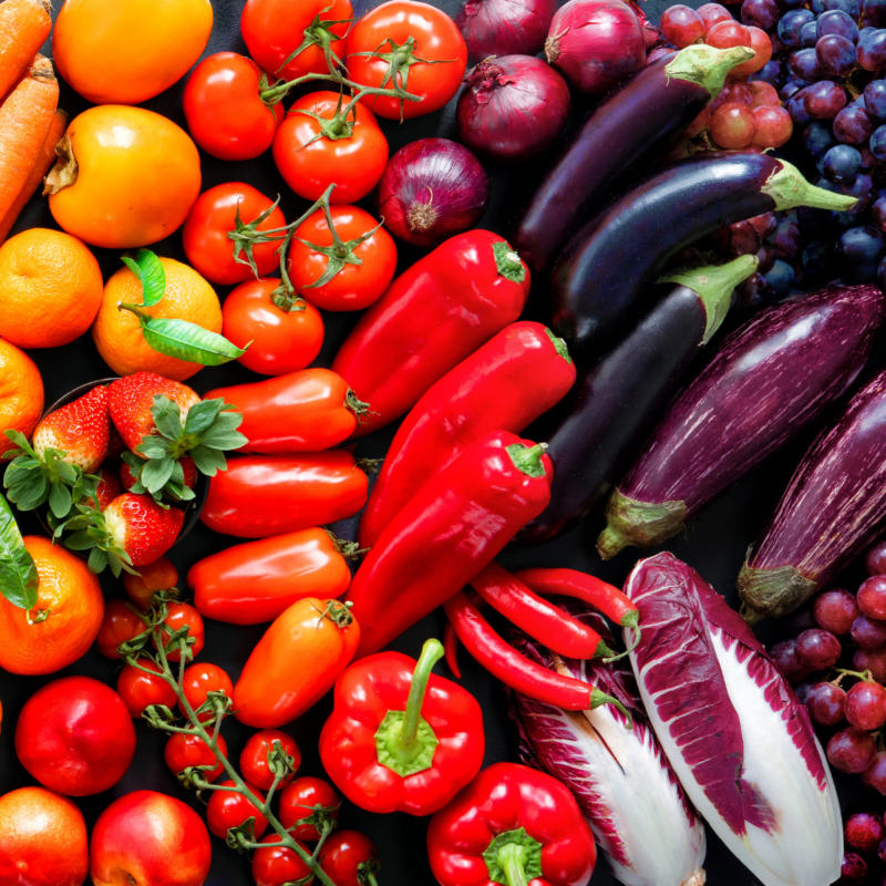A rainbow variety of fresh fruit and vegetables.