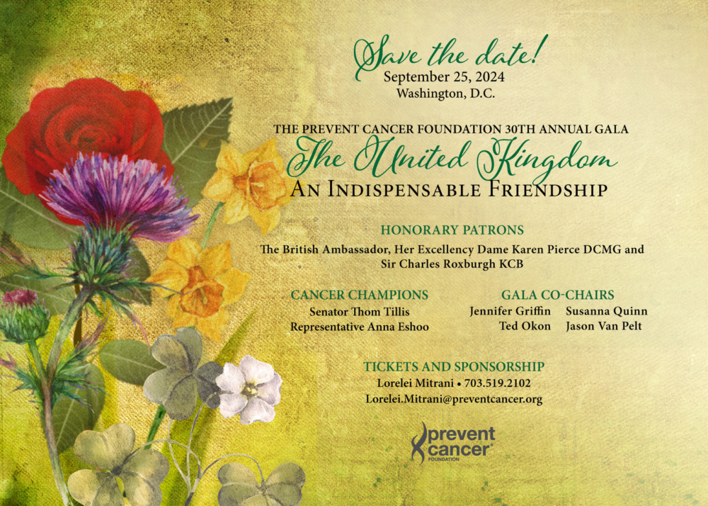 Save the date September 25, Washington, D.C., Prevent Cancer Foundation 30th Annual Gala flyer