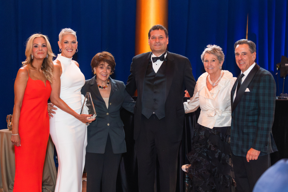 From L to R: Prevent Cancer Foundation board member and Gala co-chair Susanna Quinn, Foundation board member, Gala co-chair and master of ceremonies Jennifer Griffin, 2024 Cancer Champion recipient Rep. Anna Eshoo, Foundation board member and Gala co-chair Jason Van Pelt, Foundation founder Carolyn "Bo" Aldigé, and Gala co-chair Ted Okon.