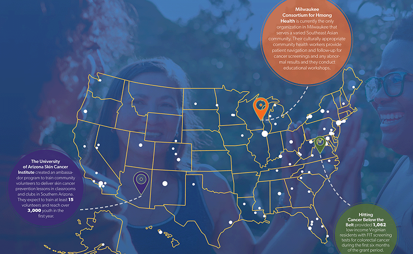 A map of the U.S. pinpointed the locations of community grantees awarded since 2007.