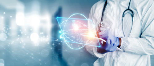 A medical professional in a white lab coat with a stethoscope around their neck using a tablet, with superimposed icons of molecular structures, DNA helix, human anatomy, and other health care symbols.
