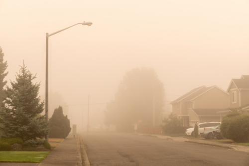 Wildfire smoke hovers in a residential neighborhood.