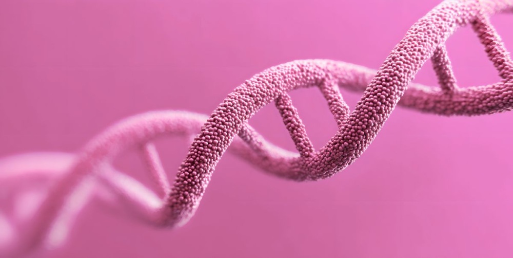 Pink DNA double helix to represent a breast cancer genetic mutation.