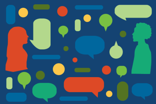 Illustration of speech bubbles between two silhouetted persons facing each other. The bubbles are in bright colors.