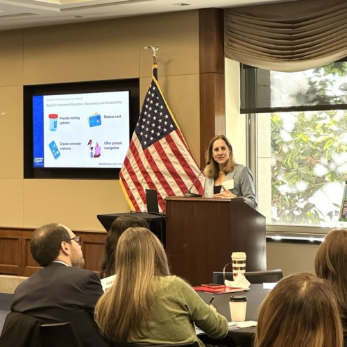 Jody Hoyos speaking at the 2025 capitol hill briefing on cancer prevention.