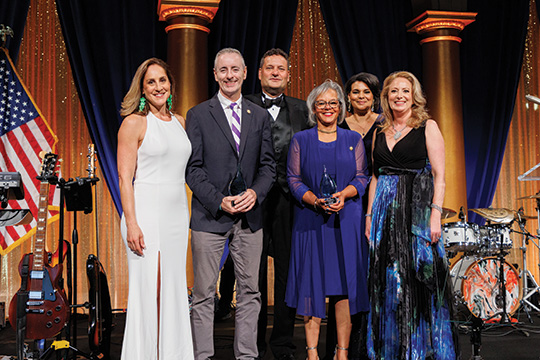 From L to R: Prevent Cancer Foundation CEO Jody Hoyos; 2025 Cancer Champion recipient Rep. Brian Fitzpatrick; Gala co-chair Jason Van Pelt; 2025 Cancer Champion recipient Rep. Robin Kelly; 2025 Prevent Cancer Gala Emcee and CNN’s Senior National Correspondent Sara Sidner; and Gala co-chair Nickie Currie.