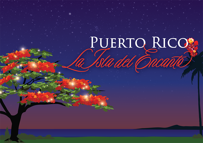 Illustration of a flamboyant tree with the words next to it, Puerto Rico: La Isla del Encanto