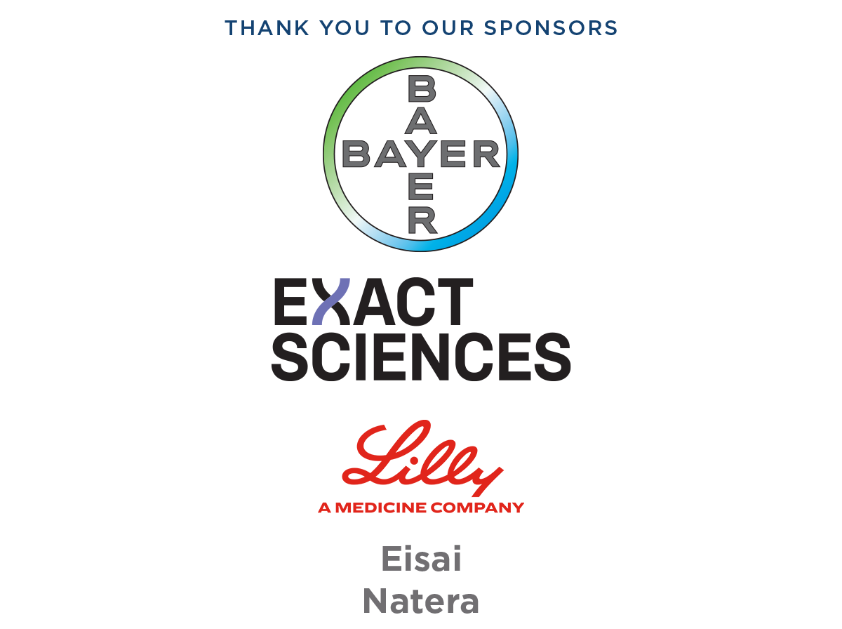 Bayer logo, black and purple Exact Sciences logo, red Lilly logo, followed by the text Eisai and Natera