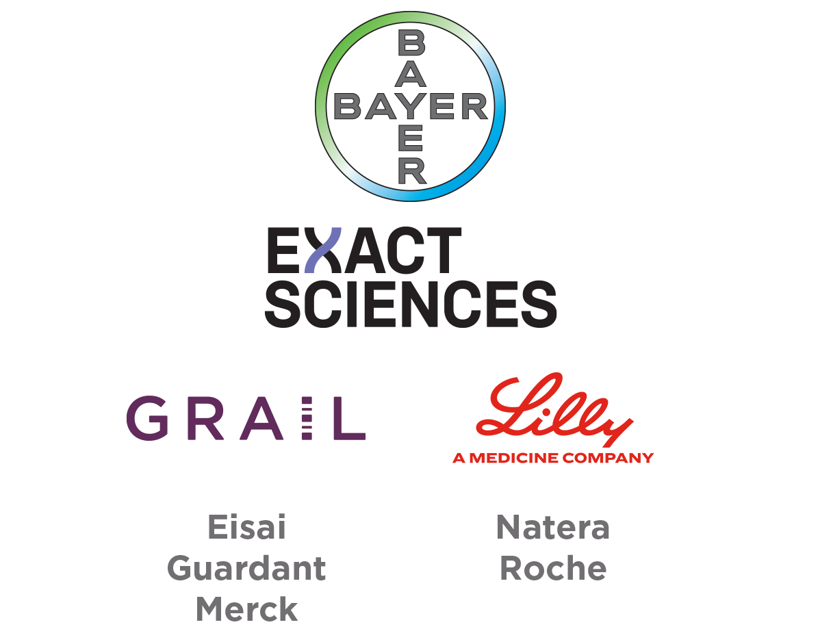 Bayer logo, black and purple Exact Sciences logo, purple GRAIL logo, red Lilly logo, followed by the text Eisai, Guardant, Merck, Natera and Roche