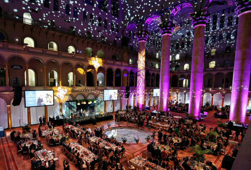 Wide shot of the National Building Museum set up and designed for the 2026 Prevent Cancer Gala